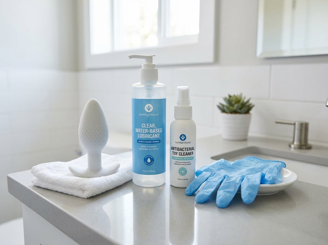 A bathroom countertop with an anal toy, lubricant, toy cleaner, and disposable gloves arranged neatly.