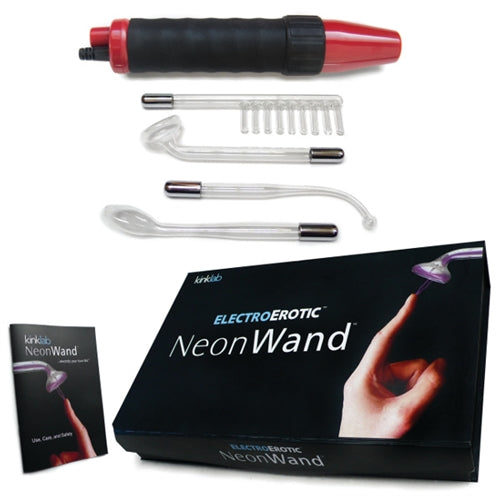 Neon Wand Electrosex Kit Red & Black Handle Red Electrode with glass attachments and instruction manual.