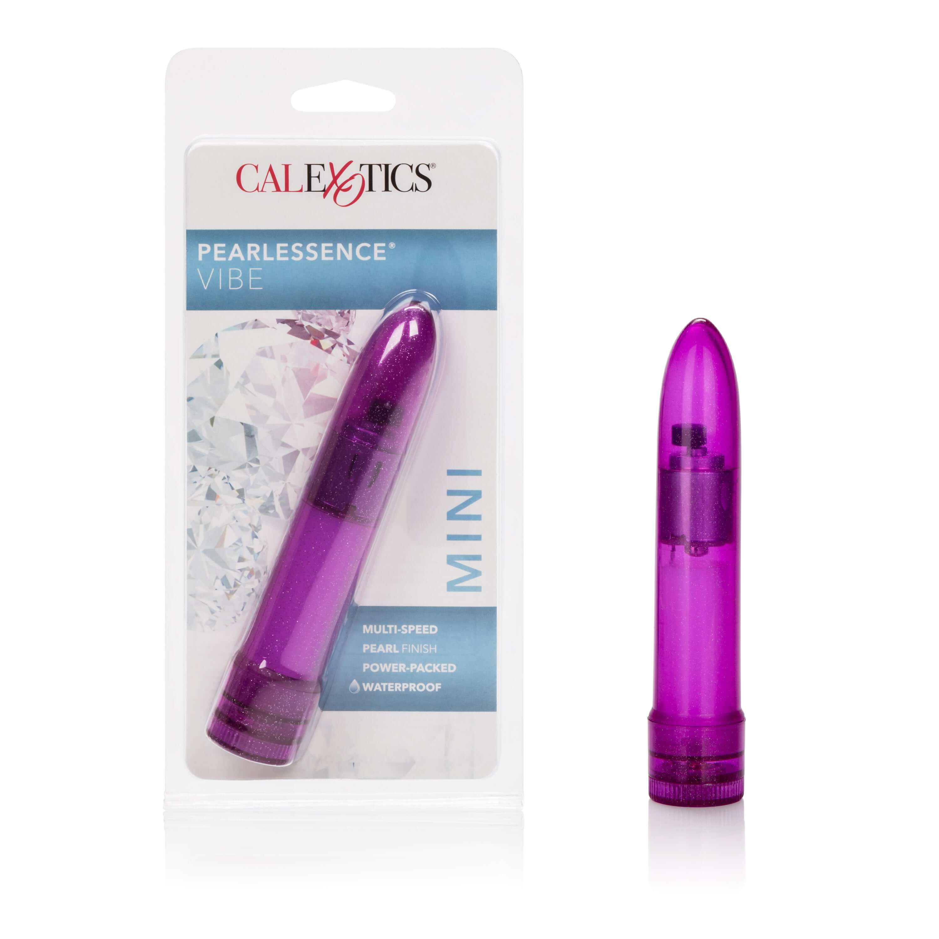 Mini Pearlessence Vibe Purple in packaging, sleek and waterproof design by CalExotics.