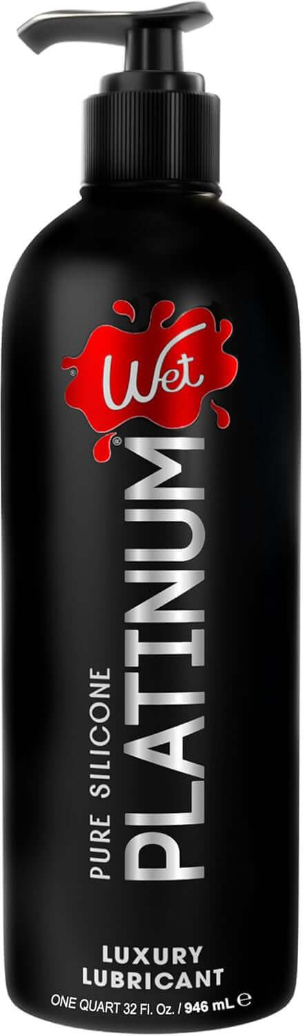 Wet Platinum Luxury Silicone Lubricant 32 Oz in a sleek black bottle with pump dispenser.