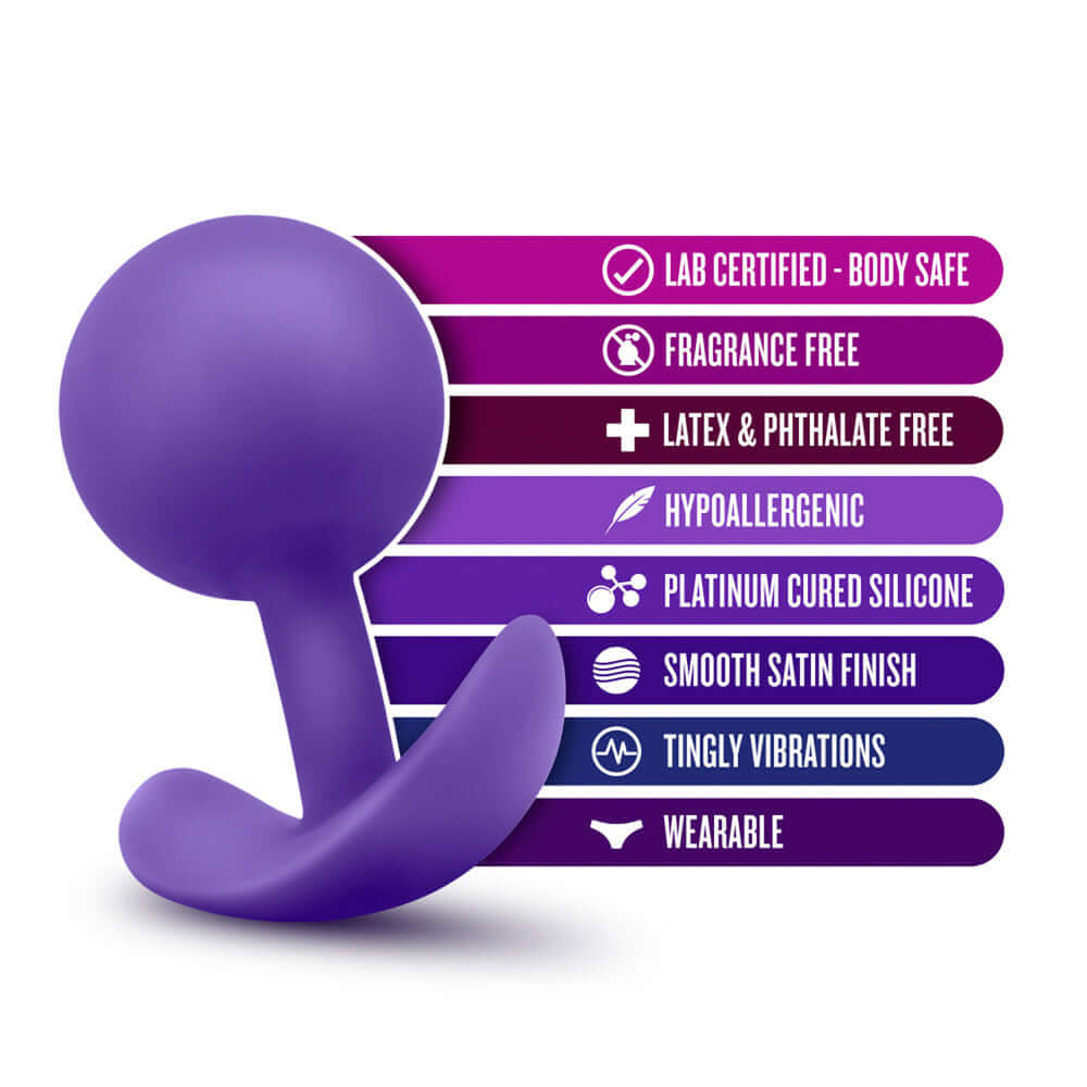 Luxe Wearable Vibra Butt Plug Purple with features and benefits displayed in colorful graphics.