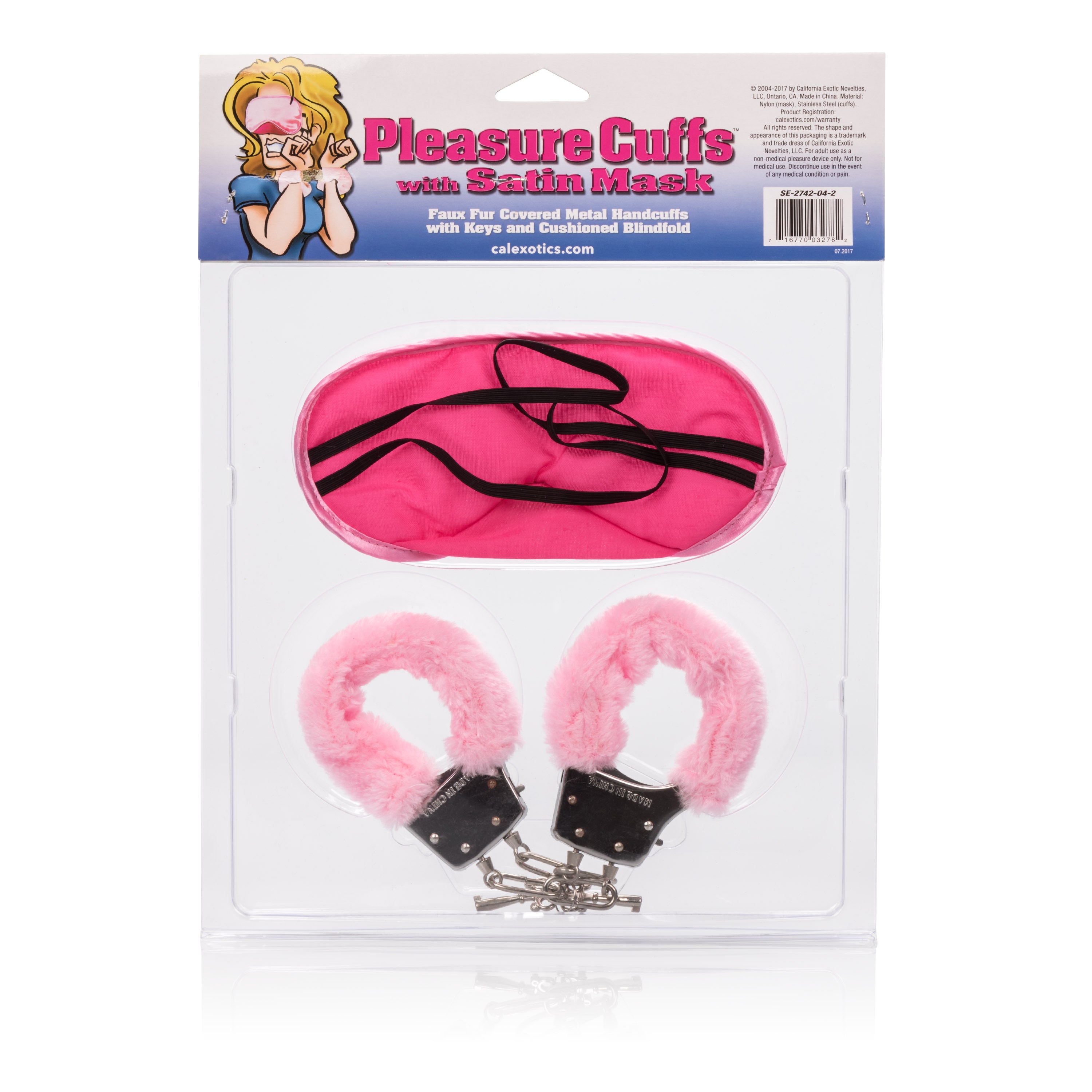 Pleasure Cuffs With Satin Mask bondage set featuring plush-lined cuffs and a satin blindfold.