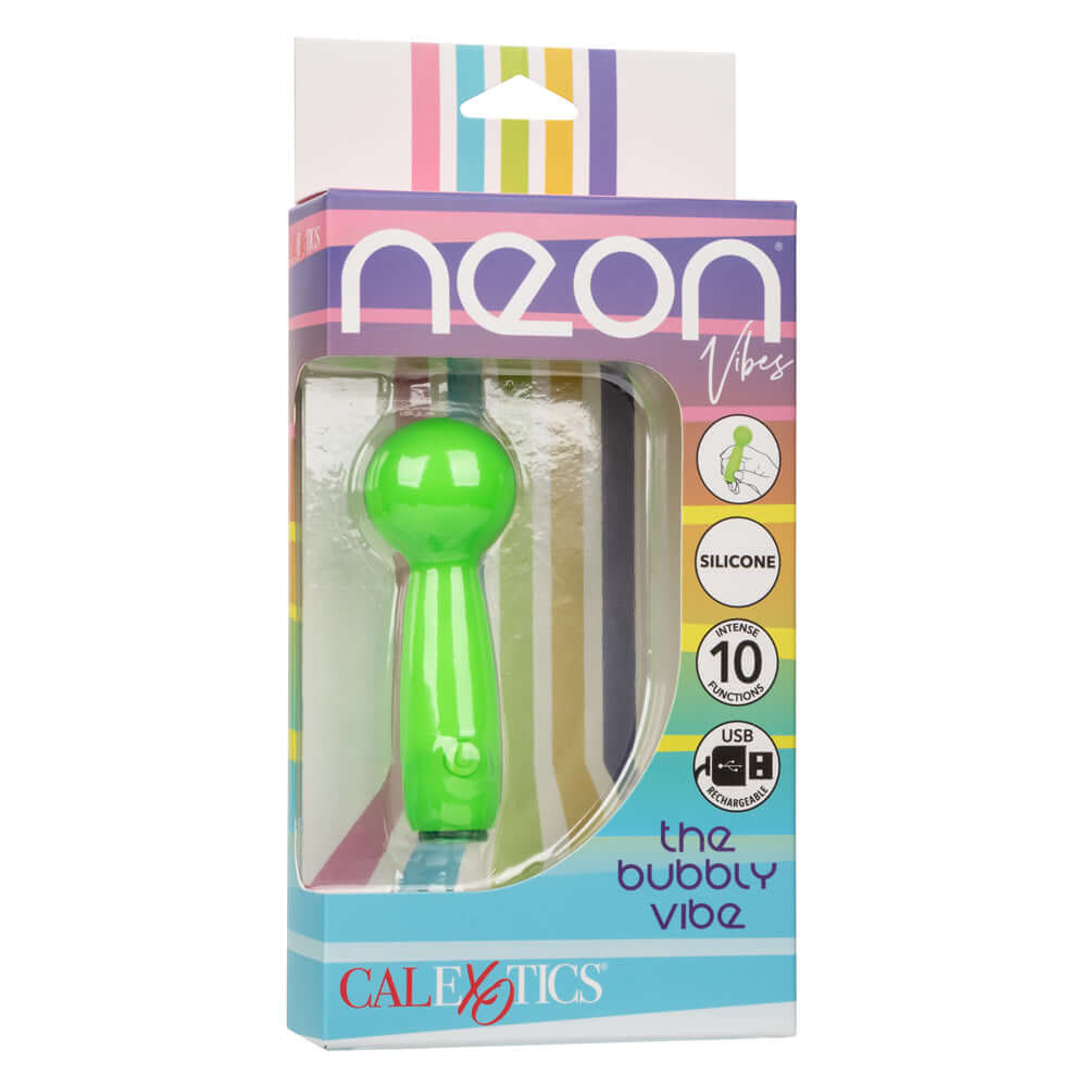 Green Neon Vibes The Bubbly Vibe mini massager in packaging with USB, 10 functions, and silicone features.