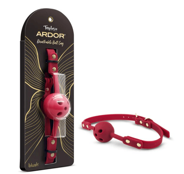 Temptasia Ardor Ball Gag Red packaging and product display, showcasing its elegant design and breathable features.