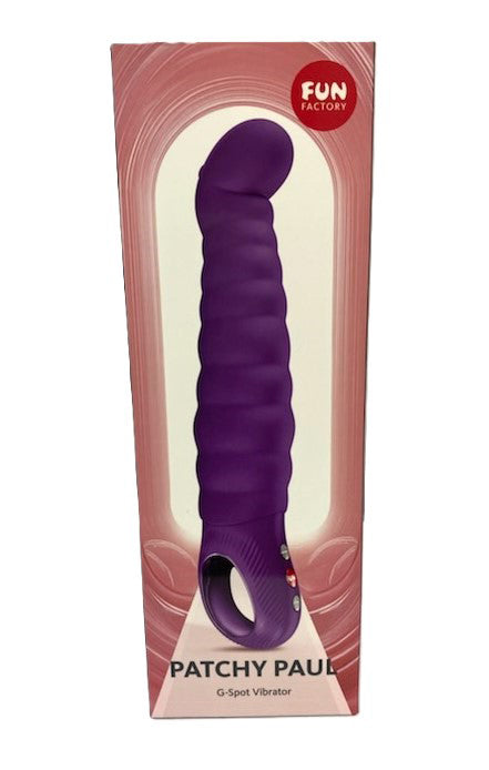 Fun Factory Patchy Paul G-Spot Vibrator Dark Violet in packaging with ribbed texture and curved tip.