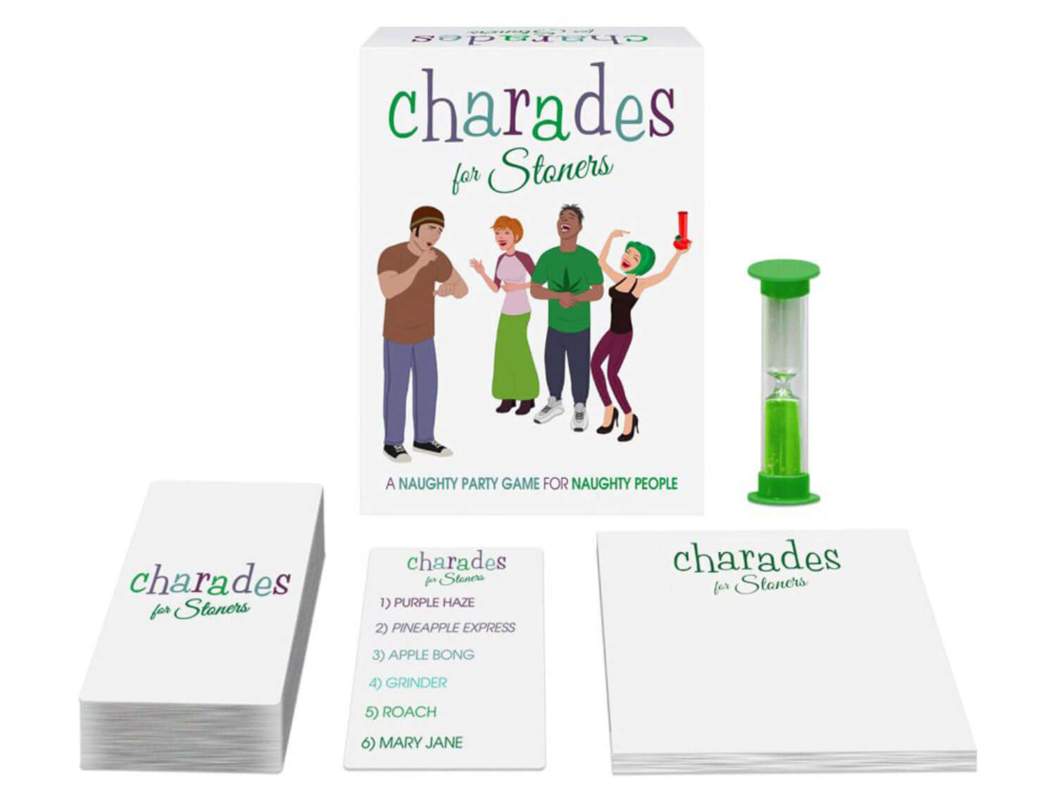 Charades for Stoners game set with cards, hourglass timer, and box featuring cartoon characters.