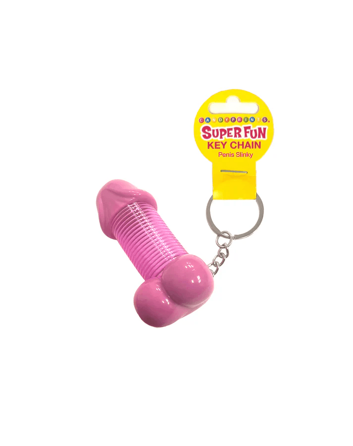 Super Fun Penis Slinky Keychain Bag of 6 featuring a pink penis-shaped slinky keychain with a yellow tag.
