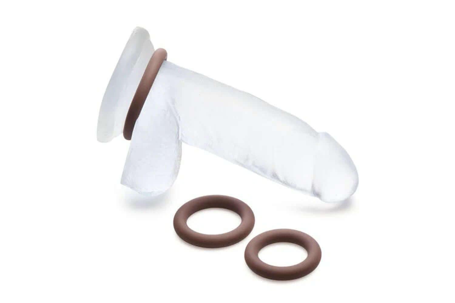 Premium dark silicone cock ring set in 3 sizes displayed on a clear model.