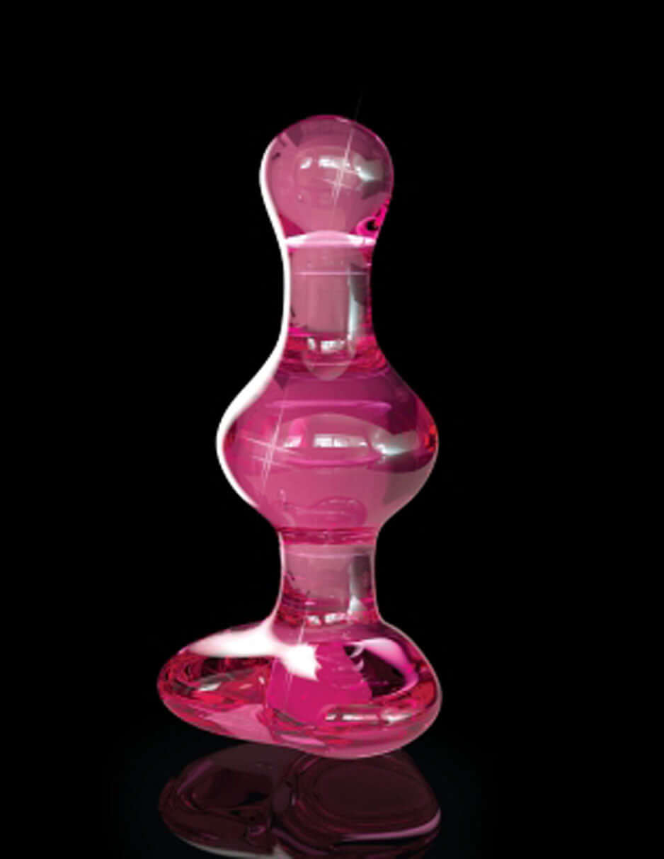 Icicles No 75 Glass Anal Plug Pink displayed on a black background, showcasing its elegant design and craftsmanship.
