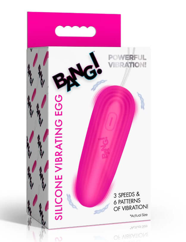 Bang Silicone Vibrating Egg Pink packaging with details on speeds and patterns of vibration.