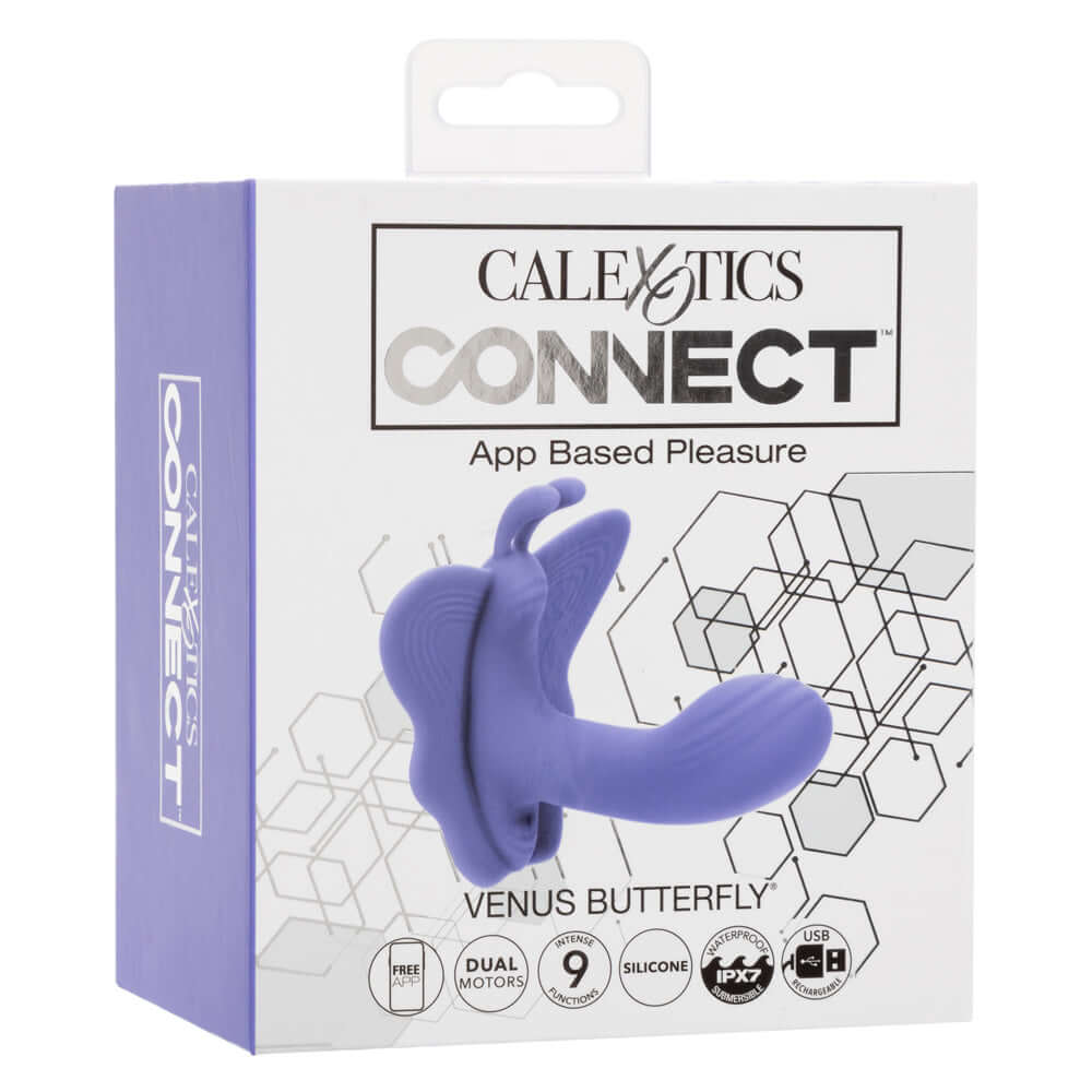 CalExotics Connect Venus Butterfly in periwinkle, dual motor stimulator packaging, app-based pleasure, full coverage stimulation инструмент