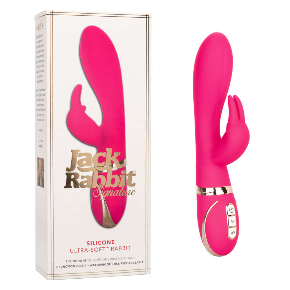 Jack Rabbit Signature Silicone Ultra-Soft Rabbit in a vibrant pink color with a stylish package design.