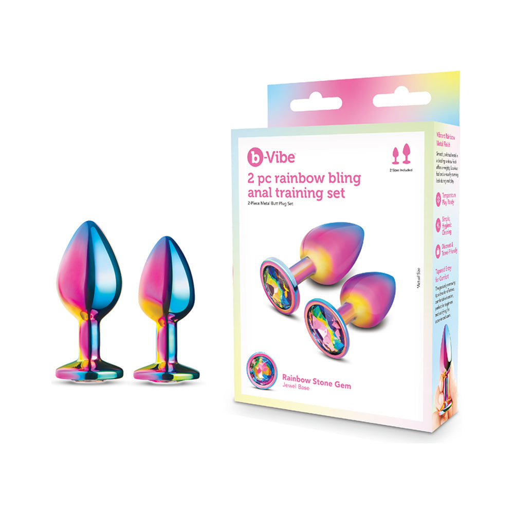 B-vibe Essentials 2-piece Rainbow Bling Anal Training Set with two colorful plug designs and packaging.