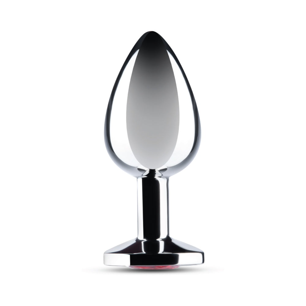 B-vibe 3.25 Inch Stainless Steel Jewel Butt Plug Red, sleek design with a red jewel base for a luxurious experience.
