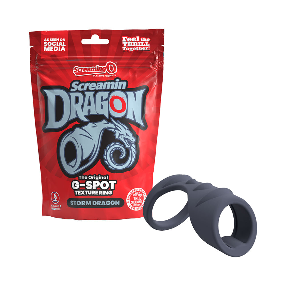 Screamin' Dragon Storm Dragon G-spot Texture Ring Blue packaging with the textured ring displayed.