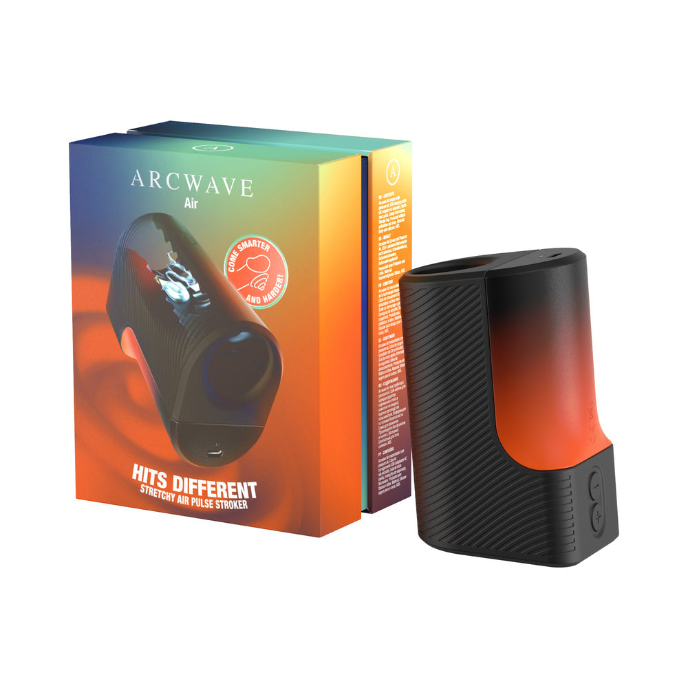Arcwave Air Pulse Masturbator Black in packaging showcasing its stretchy air pulse stroker design.