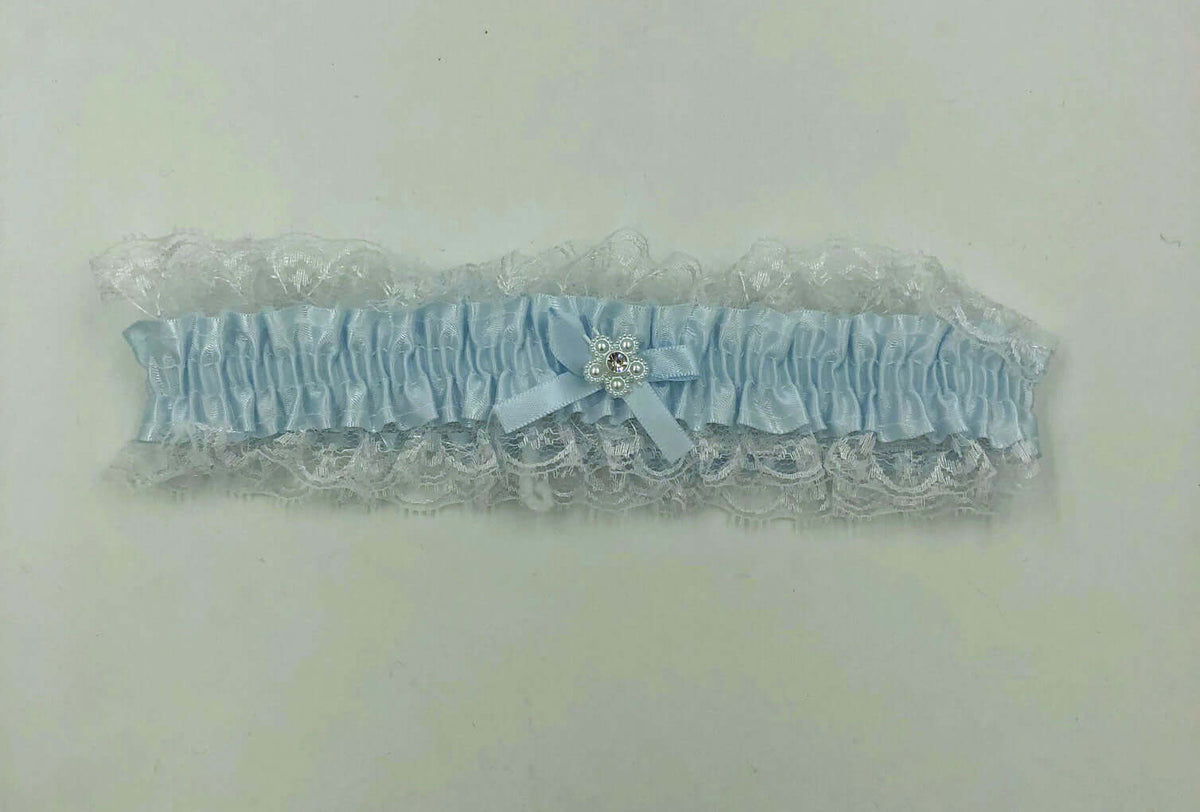 Satin Leg Garter One Size Baby Blue With White Lace featuring delicate lace trim and ribbon embellishment.