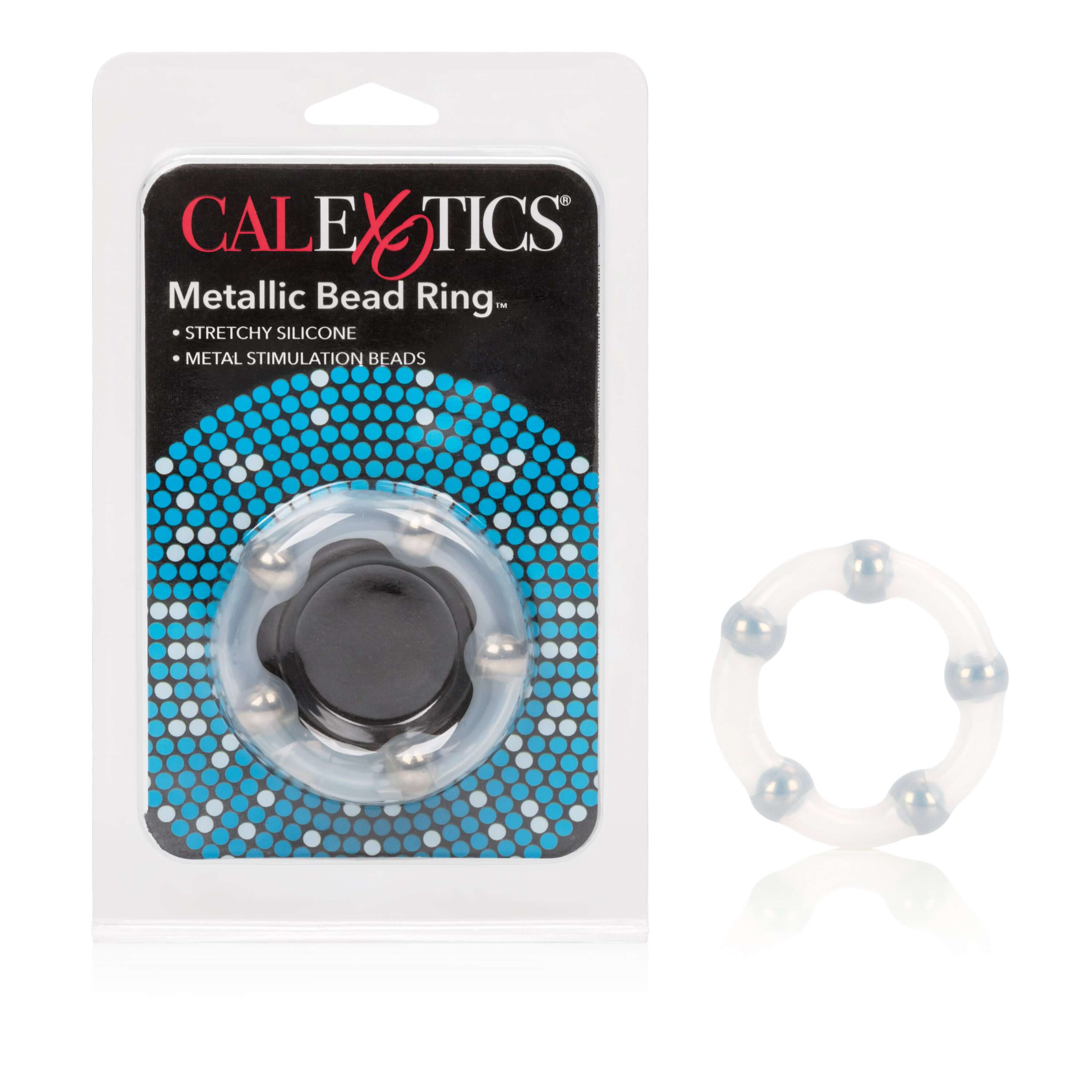 Metallic Bead Ring 1.25 Inches packaging with silicone and metal beads by California Exotic Novelties.