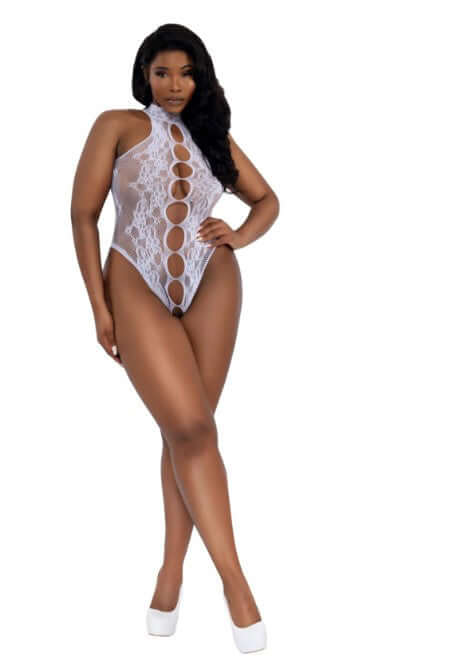 Dreamgirl Peek-a-Boo Teddy Queen Size White featuring a seductive peek-a-boo design and flattering fit.