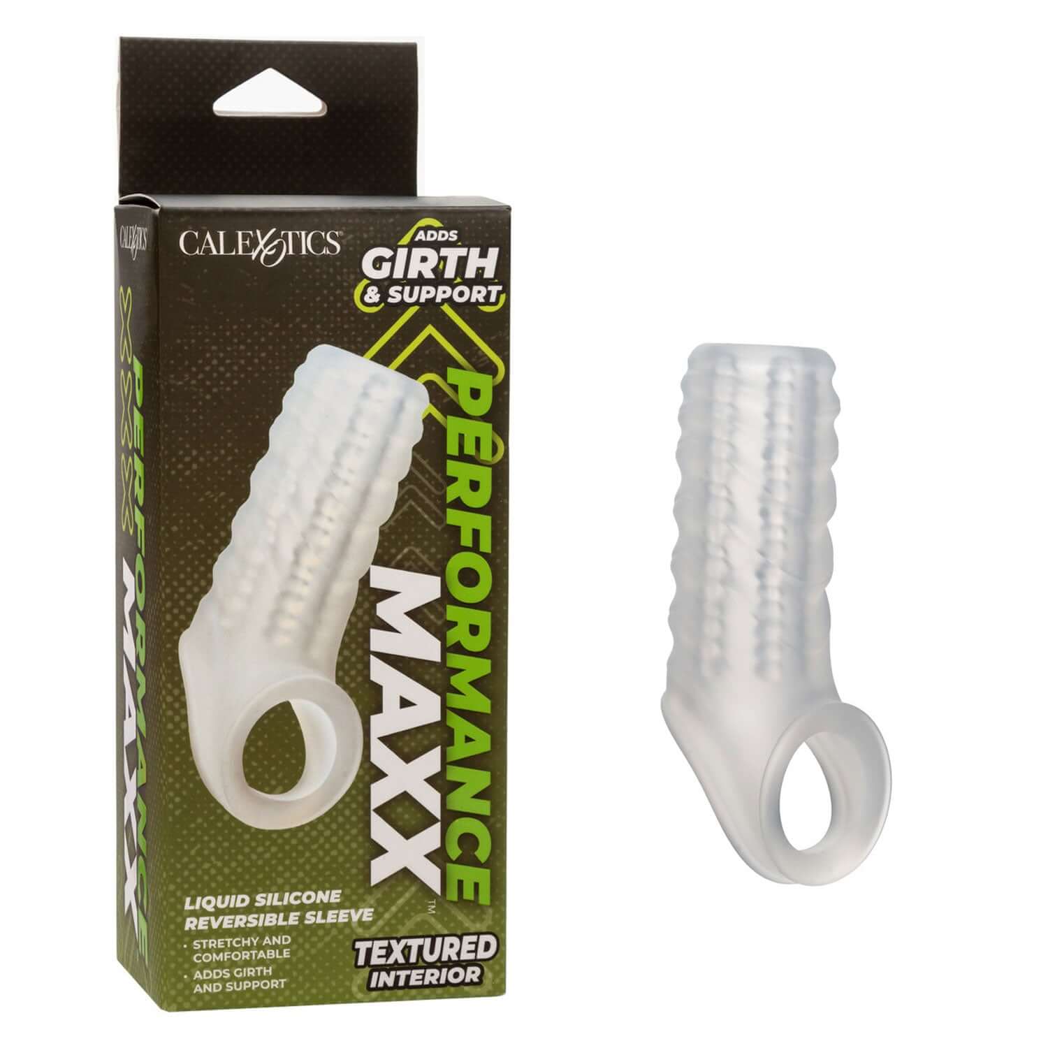Performance Maxx Liquid Silicone Reversible Sleeve Clear packaging and textured enhancement sleeve.