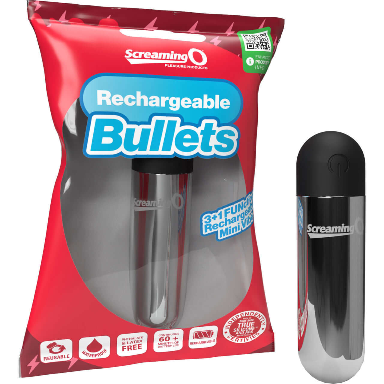 Screaming O Rechargeable Bullet Silver in packaging, showcasing sleek design and powerful vibration features.