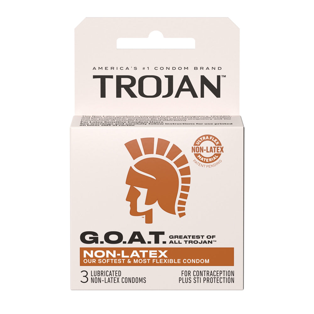 Trojan Goat Non-Latex Condoms 3 Pack packaging showcasing the softest and most flexible Trojan condoms.