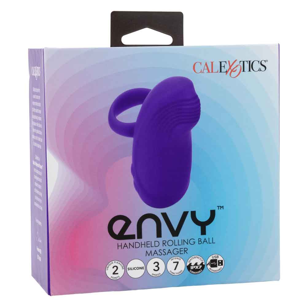 Box of Envy Handheld Rolling Ball Massager in purple with product details and CalExotics branding