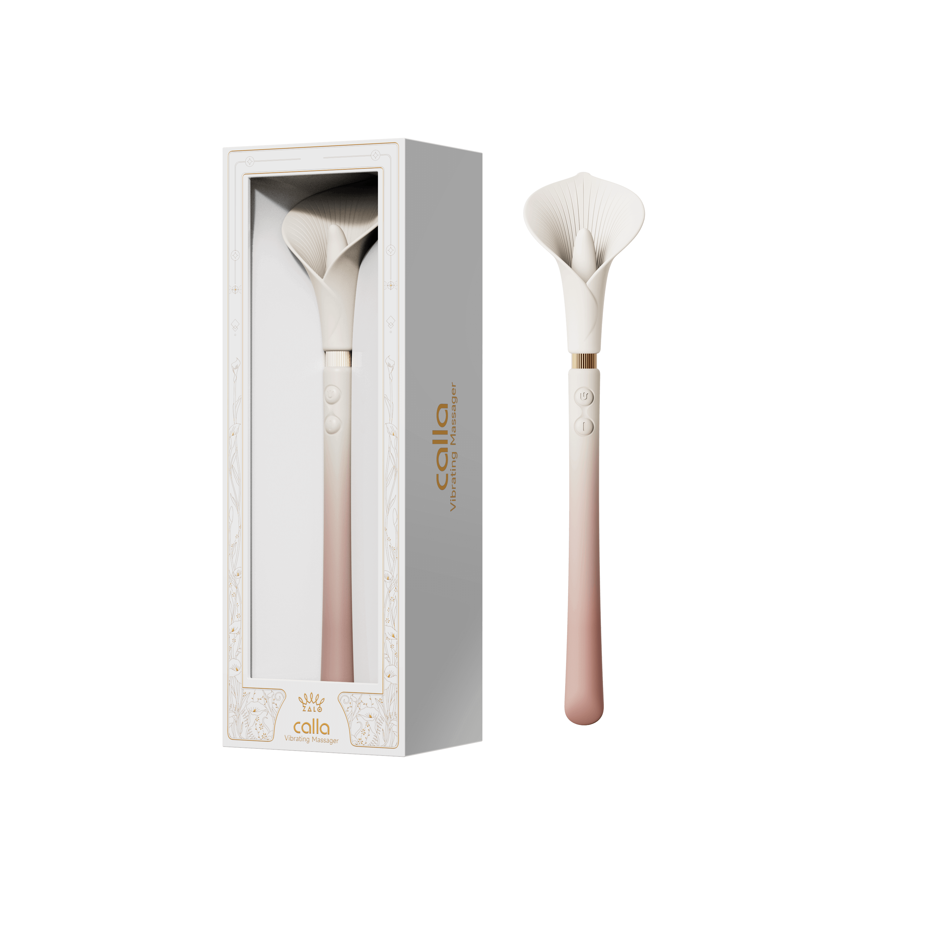 ZALO Calla Dual-Head Vibrating Wand in Blossom Pink, elegantly packaged for discreet personal use and pleasure.