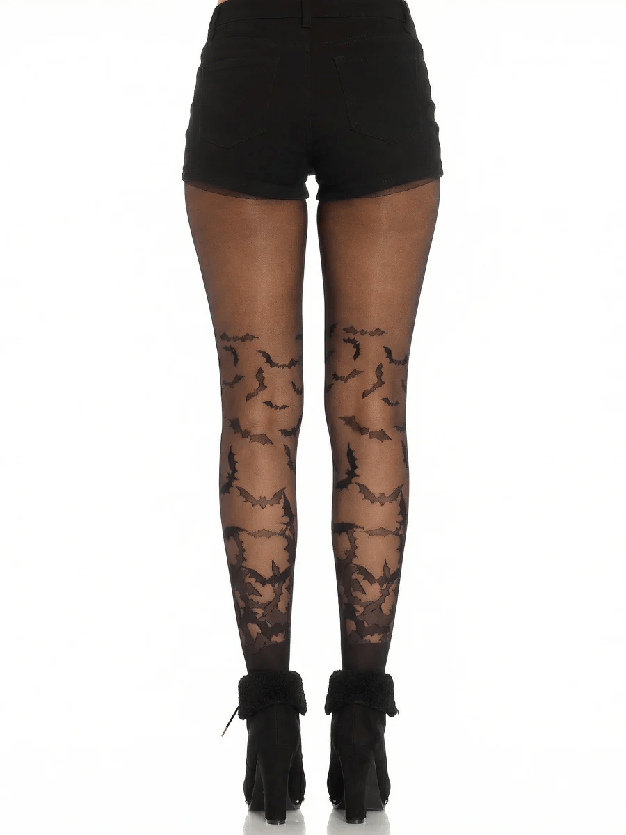 Leg Avenue Bat Wing Sheer Tights Black OS worn with shorts, featuring bat designs on sheer material.