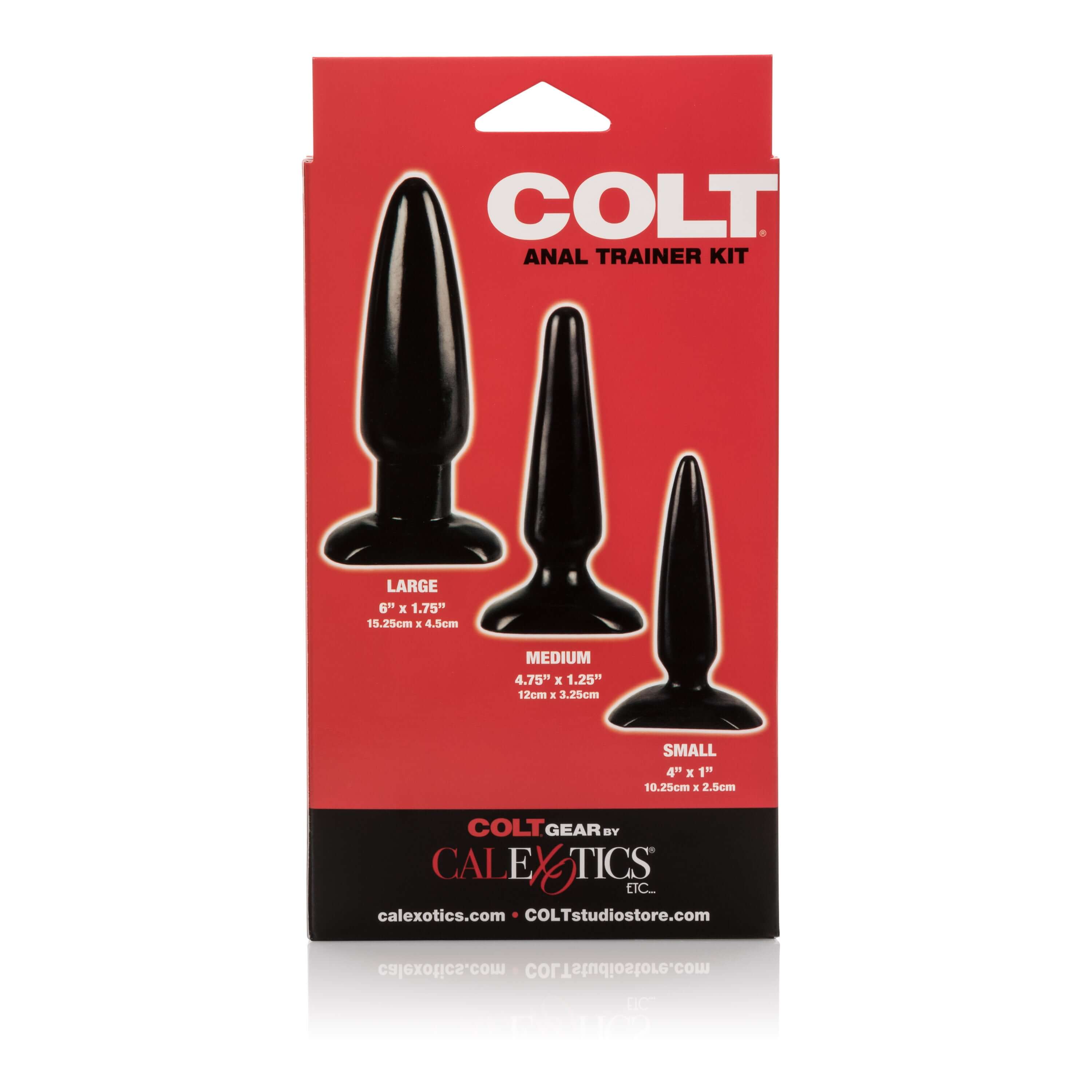 Colt Anal Trainer Kit Black featuring three graduated anal plugs in varying sizes for comfortable training.