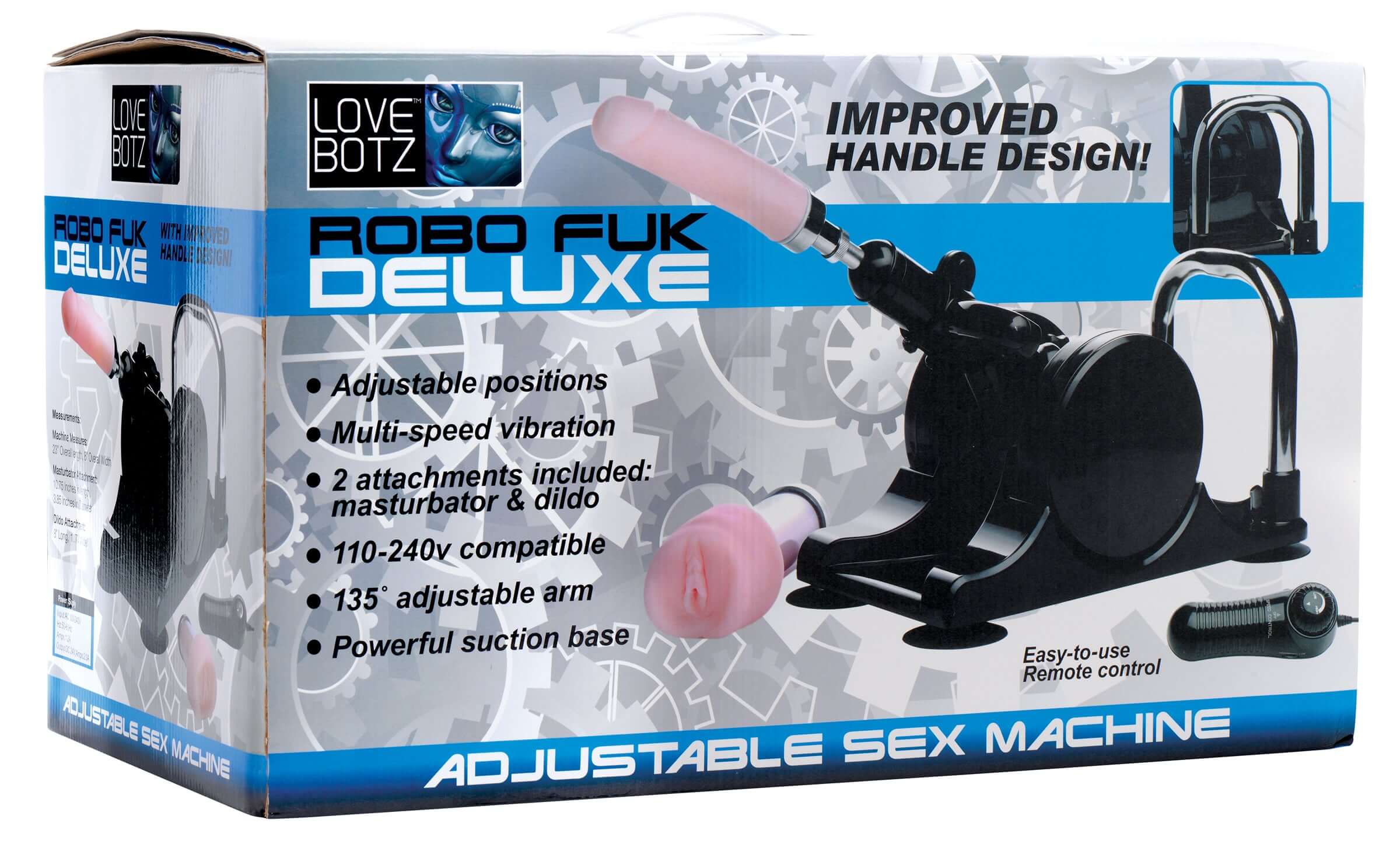 Lovebotz Robo Fuk Deluxe Adjustable Sex Machine packaging featuring adjustable positions and dual attachments.