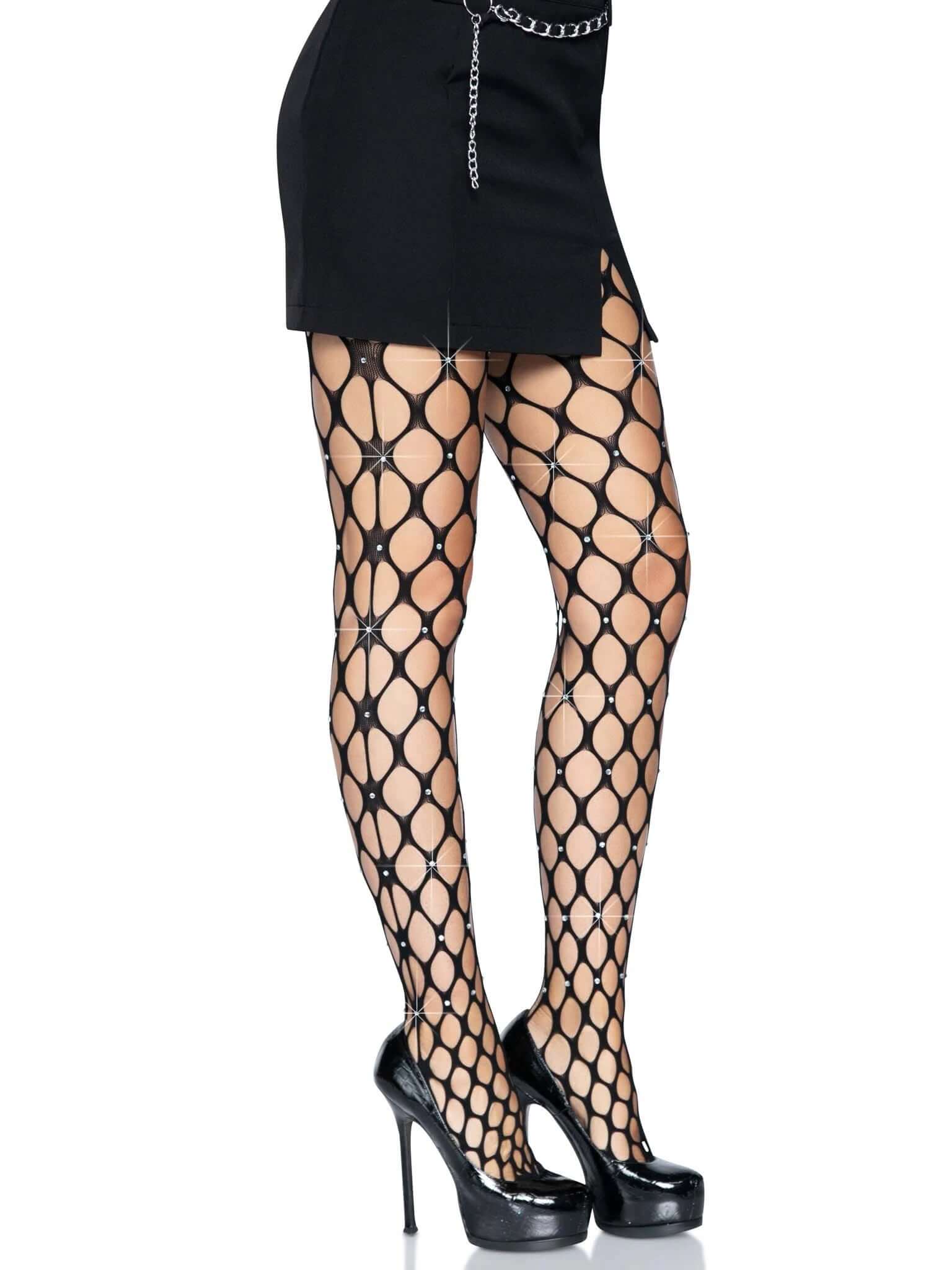Rhinestone Pothole Net Tights - One Size - Black-0