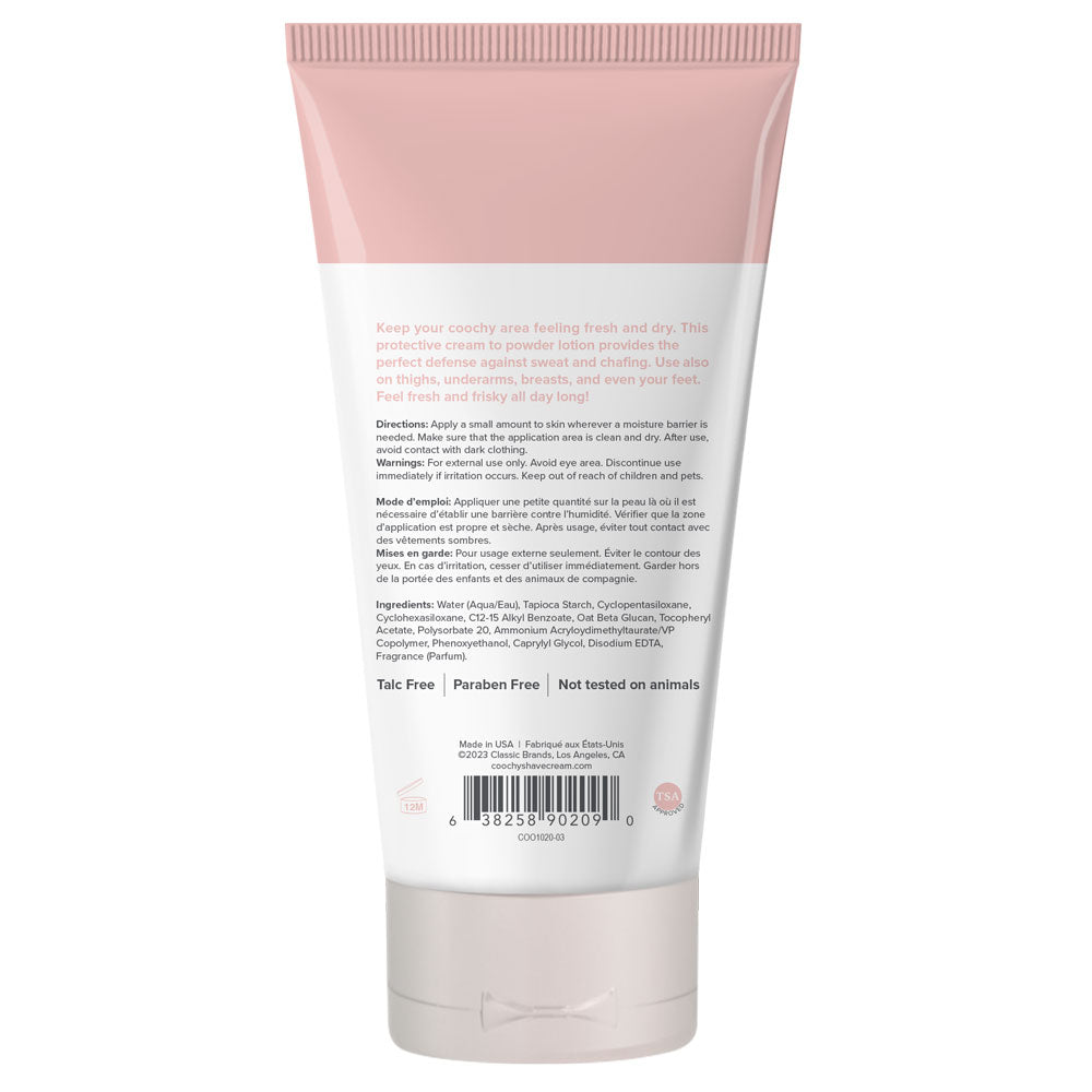Coochy Sweat Defense Peony Prowess 3.4 Oz protective cream-to-powder lotion for fresh, dry, and comfortable skin.