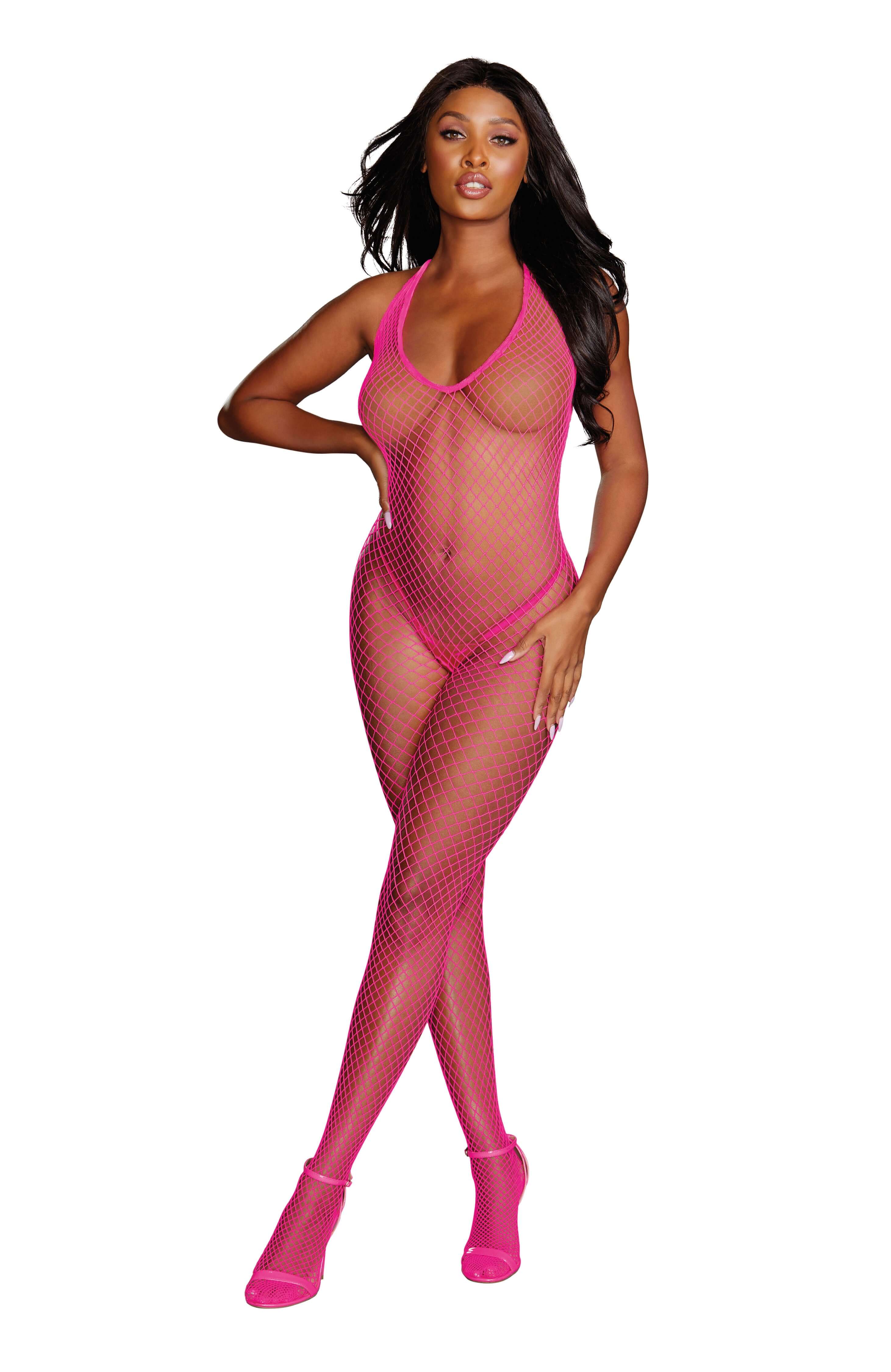 Model wearing Diamond Net Bodystocking One Size Neon Pink showcasing its figure-enhancing design and vibrant color.