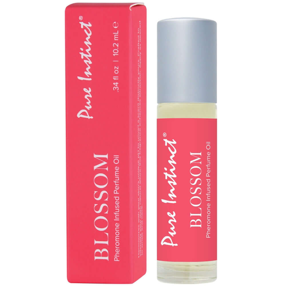 Pure Instinct Blossom Pheromone Fragrance Oil in a roll-on bottle, floral scent for enhancing natural attraction.