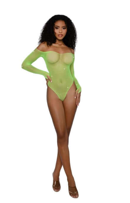 Dreamgirl Rhinestone Off Shoulder Bodystocking OS Neon Lime worn by a model, showcasing its vibrant color and stylish design.