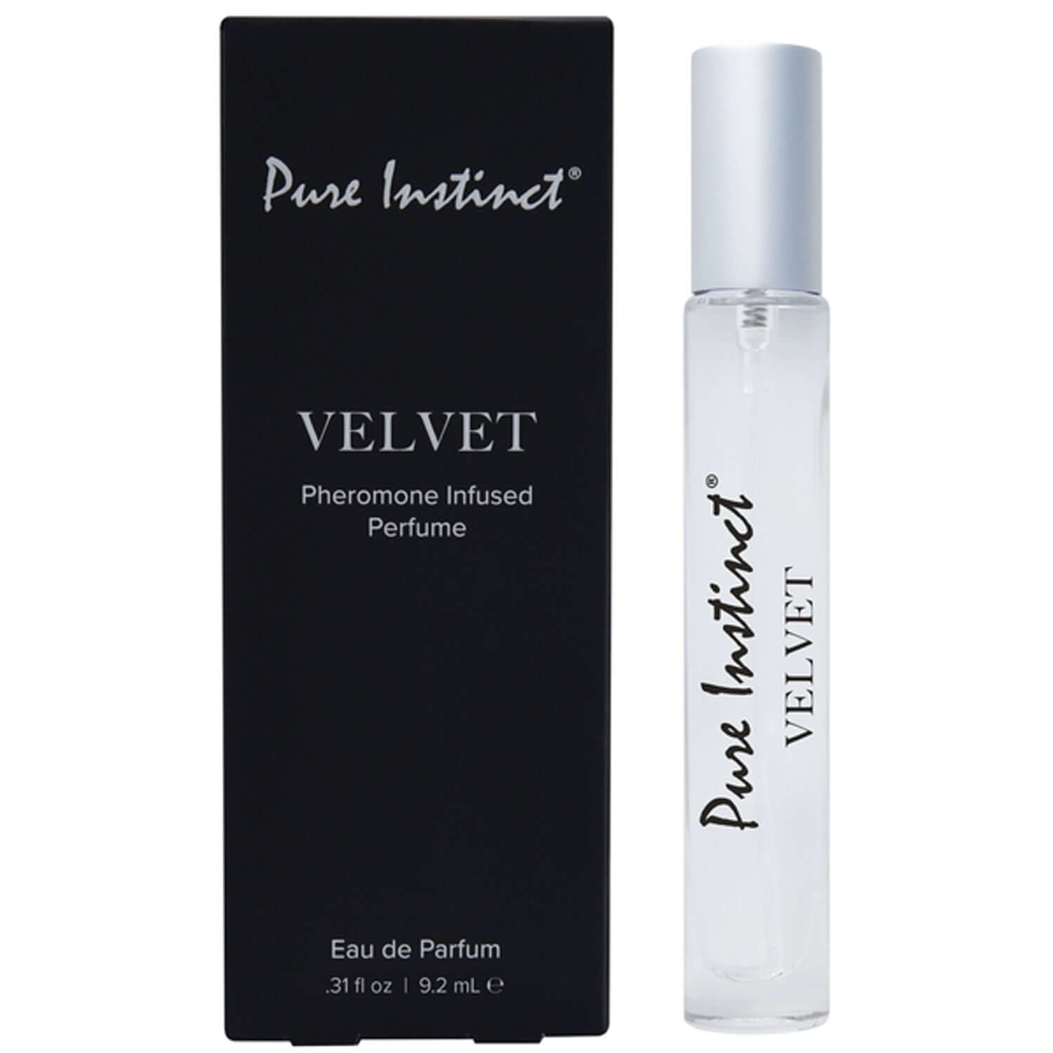 Pure Instinct Velvet Pheromone Perfume Spray 9.2 ml in elegant packaging with a sleek bottle design.