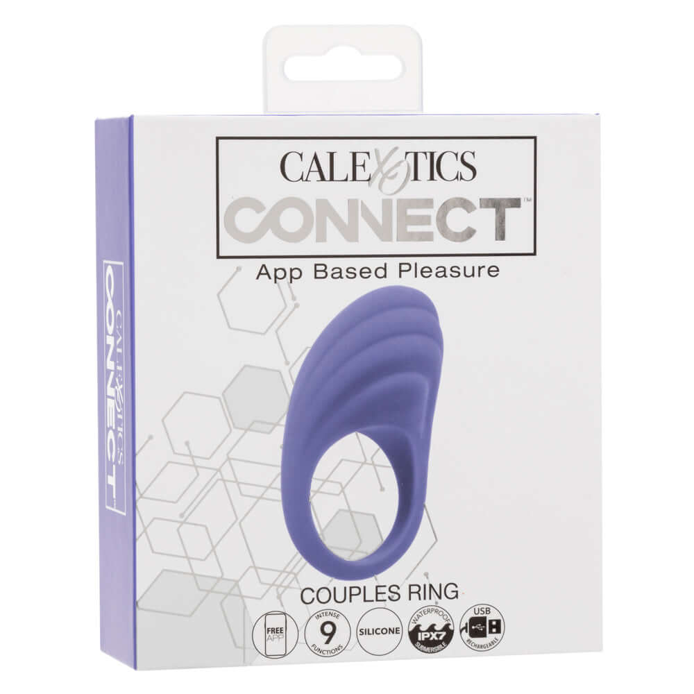 CalExotics Connect Couples Ring in periwinkle packaging, app-based control for enhanced pleasure and connectivity.