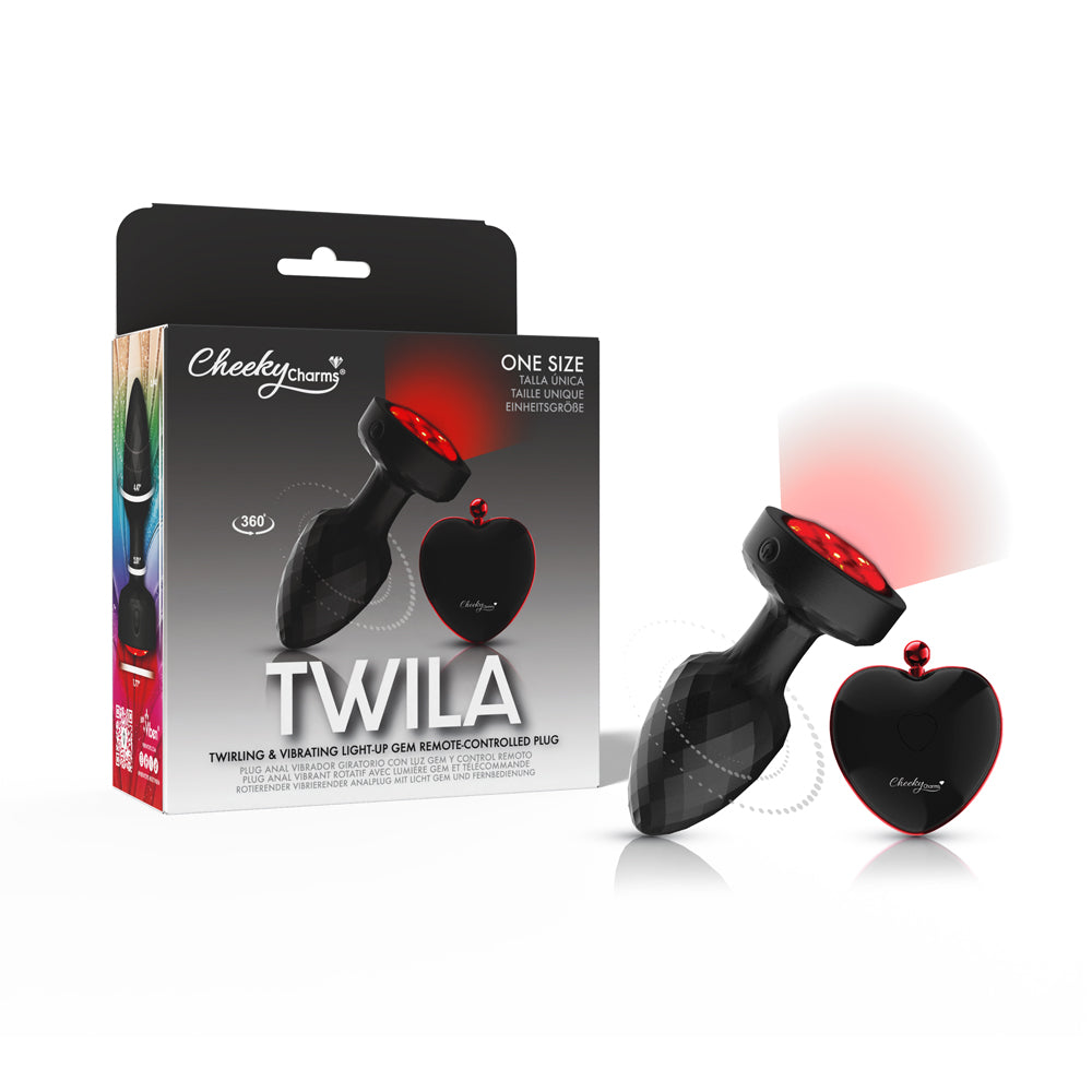 Twila Twirling Light Up Vibrating Plug With Heart Remote packaging and product on display with remote control.