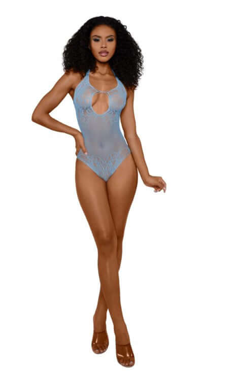 Dreamgirl Lingerie Ashley Teddy OS Arctic Blue on-model showcasing its elegant design and body-hugging silhouette in arctic blue.