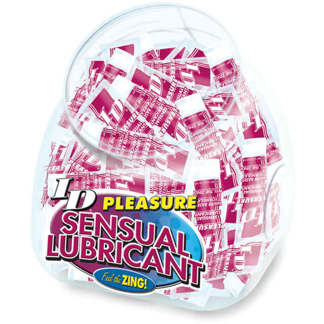 ID Pleasure Lubricant 12 ml Tubes 72 Count Bowl filled with individual lubricant packets.