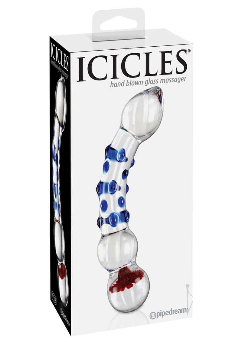 Icicles No 18 Textured Glass Dildo 7.5 inch Clear Blue in packaging with unique design and blue accents.