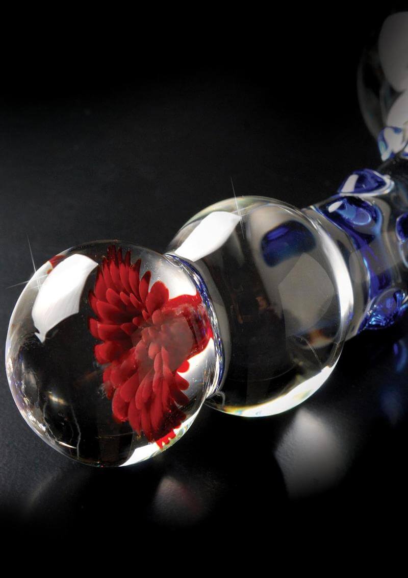 Icicles No 18 Textured Glass Dildo 7.5 inch Clear Blue with intricate red flower detail.
