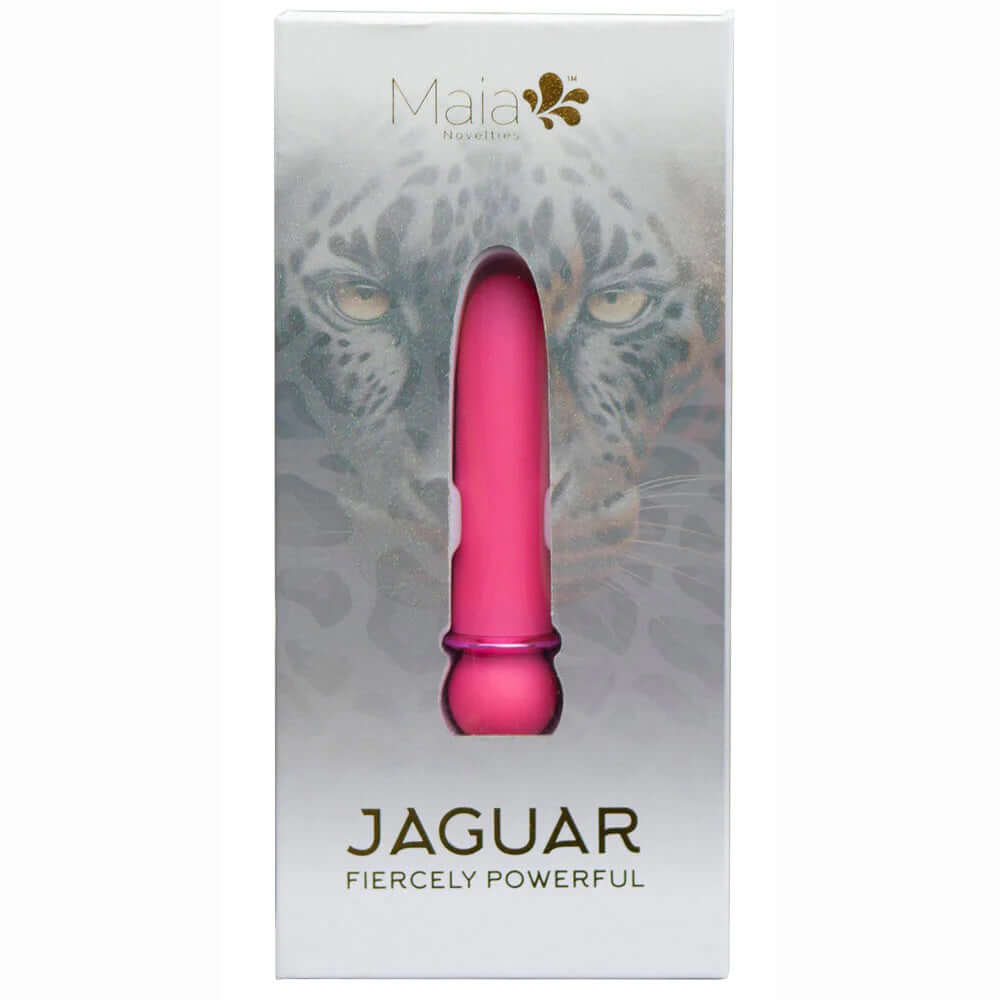 Maia Novelties Jaguar Fiercely Powerful pink vibrator in packaging with leopard background