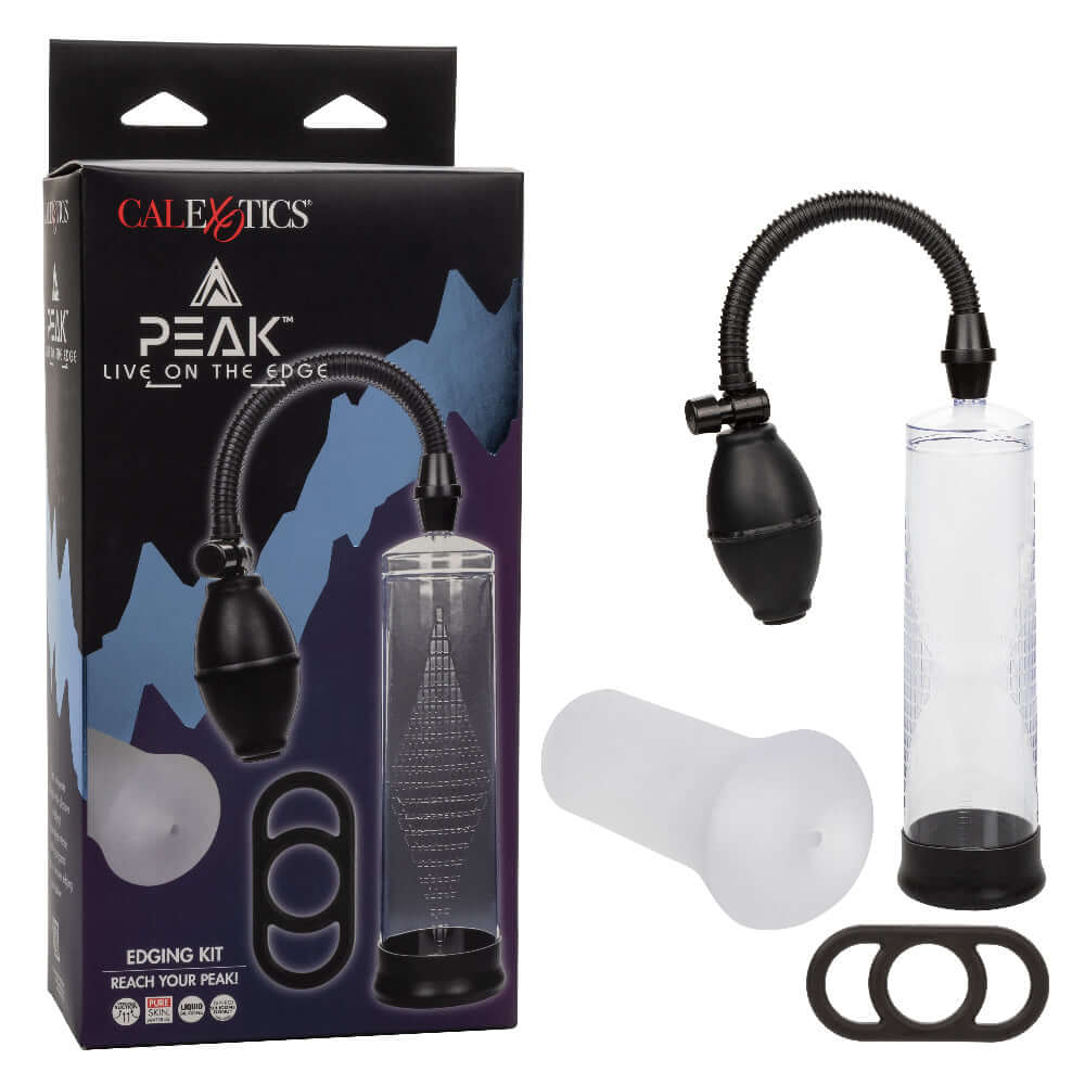 Peak Edging Kit Penis Pump set with clear cylinder, enhancer ring, and stroker for enhanced and prolonged intimate experiences
