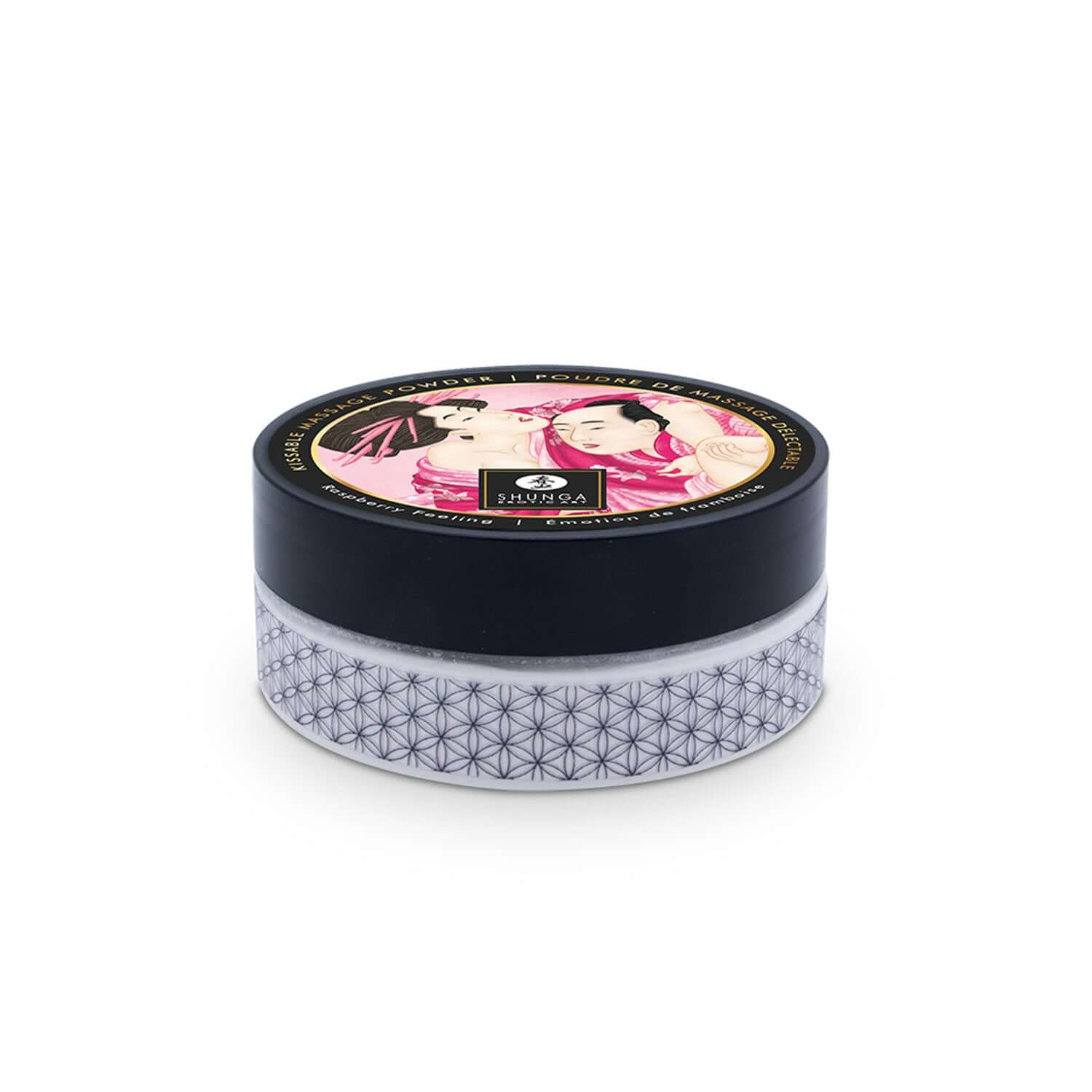 Shunga Kissable Body Powder Raspberry Filling 2.65 Oz in decorative container, ideal for sensual massage and body use.
