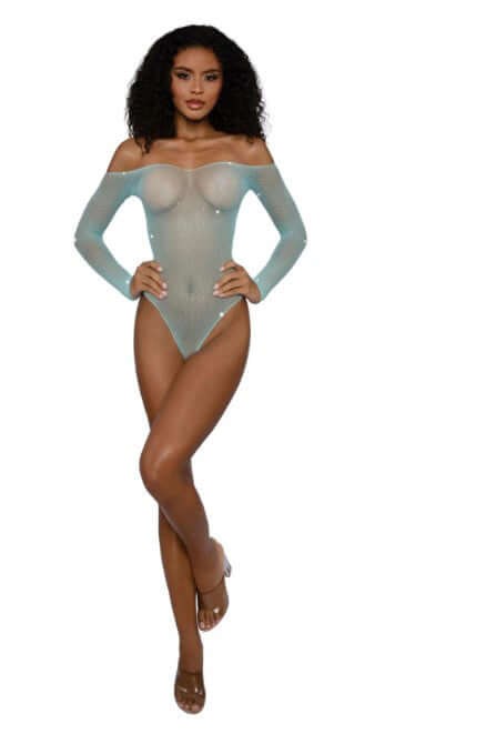 Dreamgirl Rhinestone Off Shoulder Bodystocking OS Agate on model showcasing elegant off-shoulder style and sparkling details.