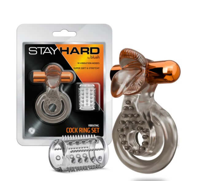 Stay Hard Cock Ring Set With Sleeve Textured Sheath featuring vibration modes and flexible design.