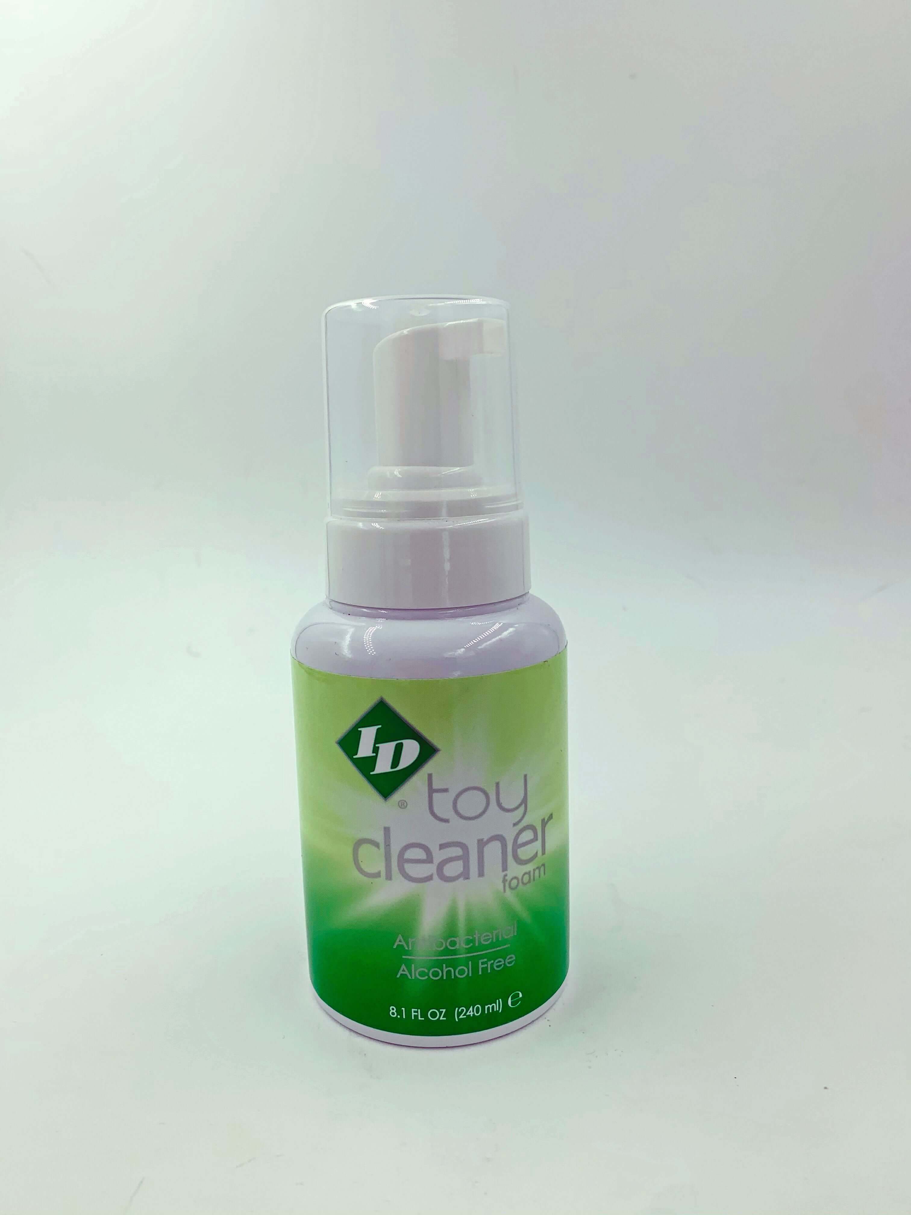 ID Toy Cleaner Foam 8.1 Oz bottle, alcohol-free intimate toy cleaner for hygiene and wellness.
