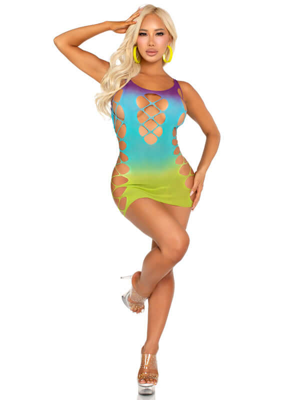 Leg Avenue Seamless Ombre Mini Dress in ocean shades, designed for one size fits most, 90-165 lbs, vibrant and stylish.